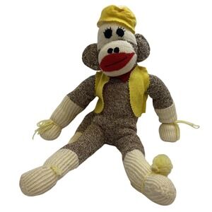 Vintage Adorable Handmade Sock Monkey 16.5 Inches Yellow Vest And Hat‎